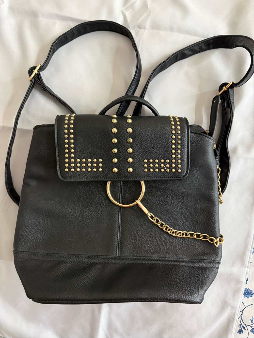 Black Studded Leather Backpack Crossbody Bag with Gold Ring